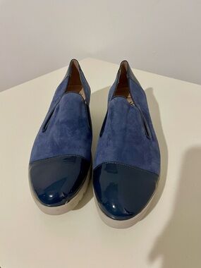 Suede and Patent Navy Slip-On Loafers for Women